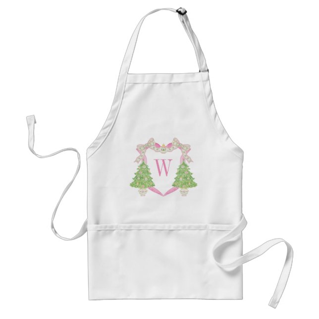 Watercolor Pink Christmas Tree Monogram Crest Standard Apron (Front)