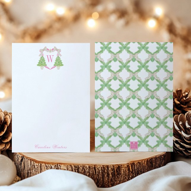 Watercolor Pink Christmas Tree Monogram Crest Thank You Card (Creator Uploaded)