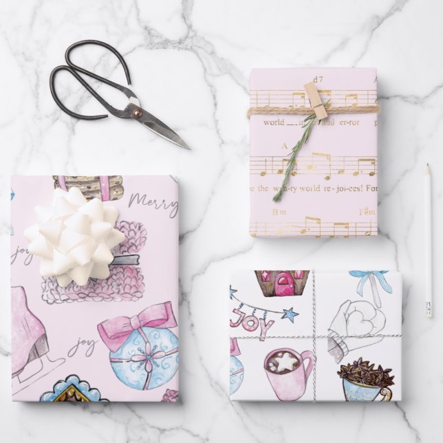 Watercolor Pink Christmas Wrapping Paper Sheet (Front)