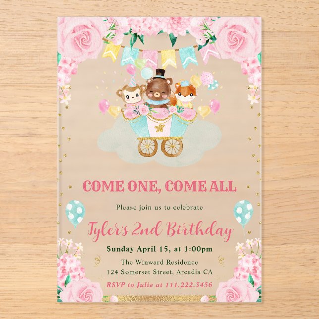 Watercolor Pink Circus Animals Birthday Party Acrylic Invitations (Front)