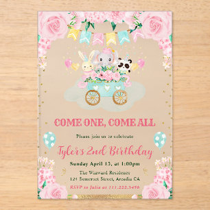 Watercolor Pink Circus Animals Birthday Party Acrylic Invitations