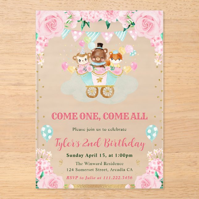 Watercolor Pink Circus Animals Birthday Party Acrylic Invitations (Front)