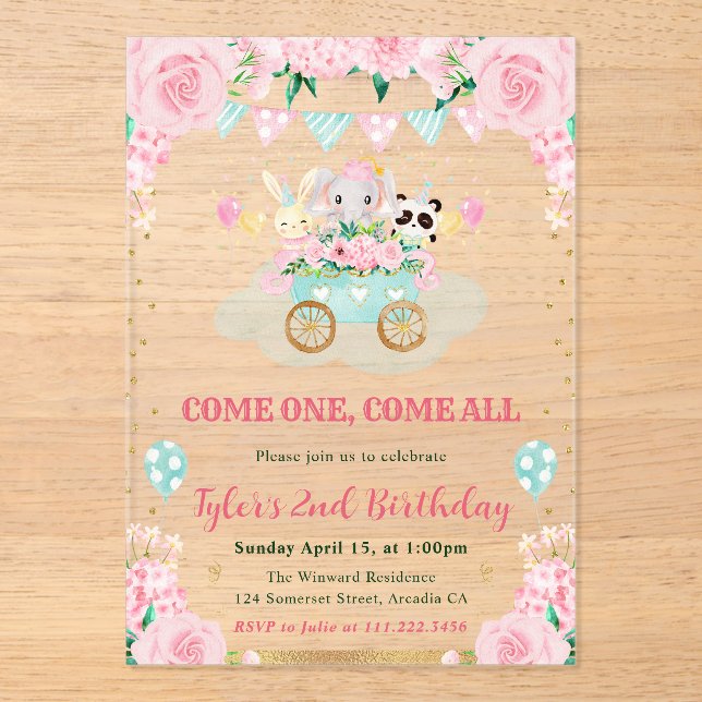 Watercolor Pink Circus Animals Birthday Party Acrylic Invitations (Front)
