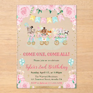 Watercolor Pink Circus Animals Birthday Party Acrylic Invitations