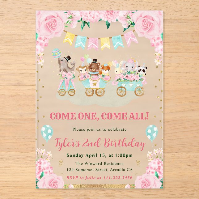 Watercolor Pink Circus Animals Birthday Party Acrylic Invitations (Front)