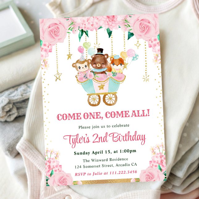 Watercolor Pink Circus Animals Birthday Party Invitation (Creator Uploaded)
