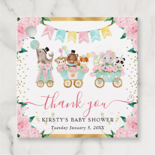 Watercolor Pink Circus Animals Floral Baby Shower Favour Tags
