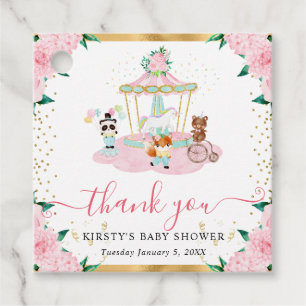 Watercolor Pink Circus Animals Floral Baby Shower Favour Tags
