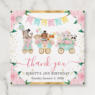 Watercolor Pink Circus Animals Floral Birthday Favour Tags