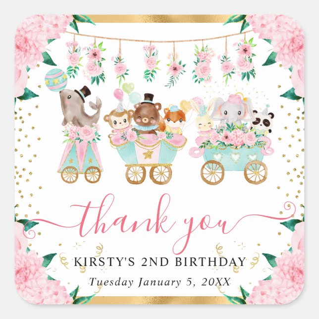 Watercolor Pink Circus Animals Floral Birthday Square Sticker (Front)