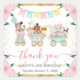 Watercolor Pink Circus Animals Floral Birthday Square Sticker
