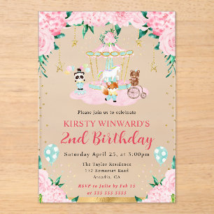 Watercolor Pink Circus Animals Kids Birthday Acrylic Invitations