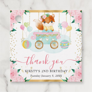 Watercolor Pink Circus Fox Floral Birthday Favour Tags