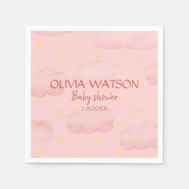 Watercolor Pink clouds and stars Girl Baby Shower  Napkin (Front)