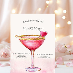 Watercolor Pink Cocktail Heart Bachelorette Party Invitation