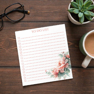 Watercolor Pink Coral Peony To Do List Modern Boho Notepad