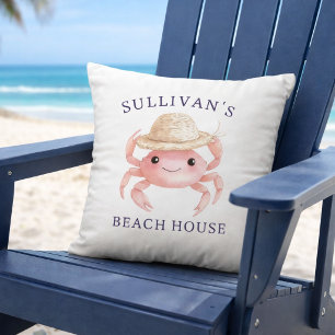 Watercolor Pink Crab Coastal Beach House Summer Outdoor Pillow