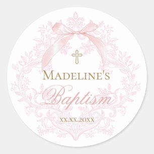 watercolor pink crest Baptism Classic Round Sticker