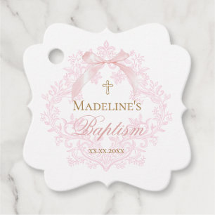 watercolor pink crest Baptism Favour Tags