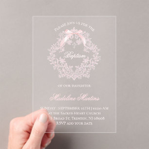 watercolor pink crest Baptism Invitation