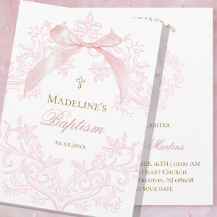  watercolor pink crest little bow Baptism Invitation