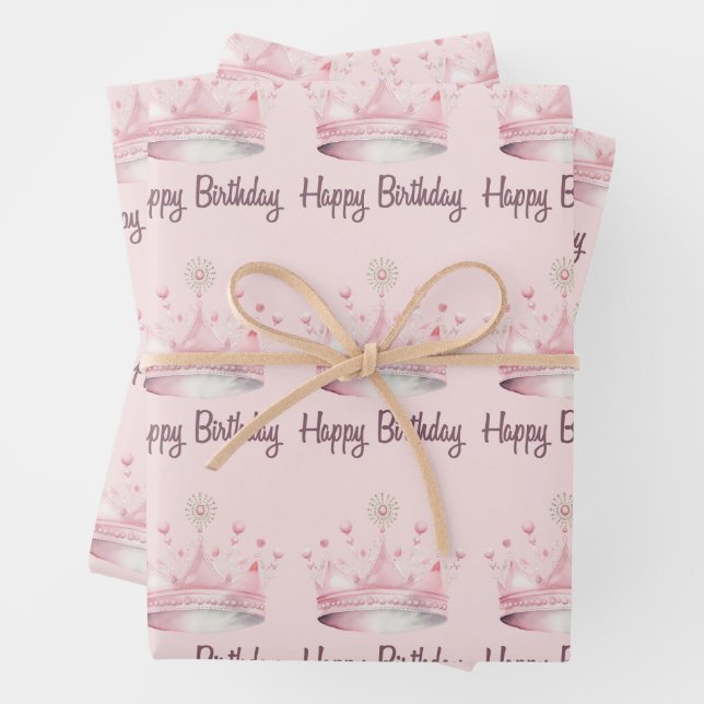 Watercolor Pink Crown Happy Birthday Wrapping Paper Sheet (In situ)