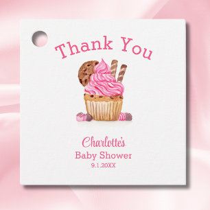 Watercolor Pink Cupcake With Chocolate Baby Shower Favour Tags