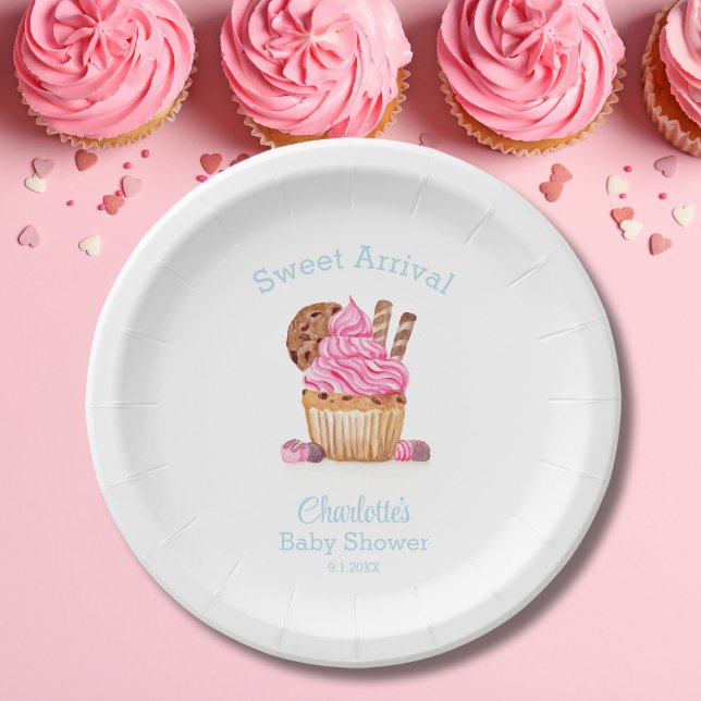 Watercolor Pink Cupcake With Chocolate Baby Shower Paper Plate (Creator Uploaded)