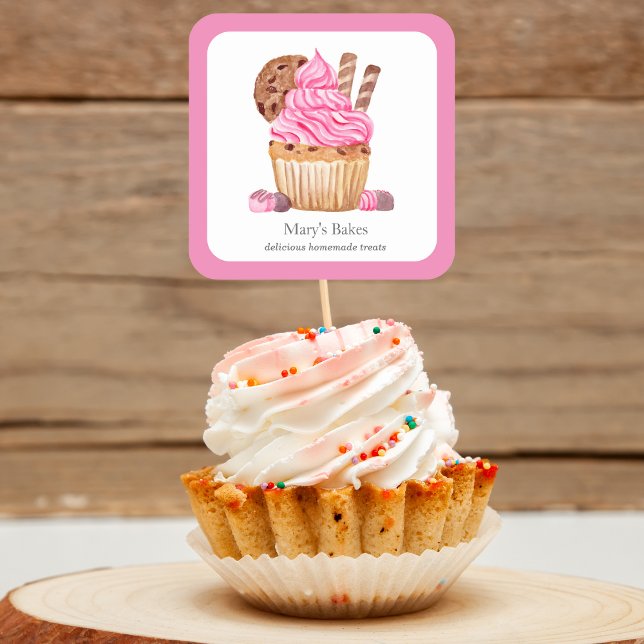Watercolor Pink Cupcake With Chocolate Bakery Square Sticker (Creator Uploaded)