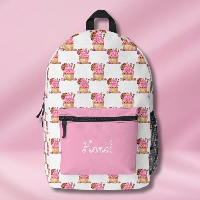 Watercolor Pink Cupcake With Chocolate Pattern Printed Backpack (Creator Uploaded)