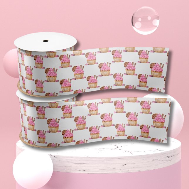 Watercolor Pink Cupcake With Chocolate Pattern Satin Ribbon (Creator Uploaded)