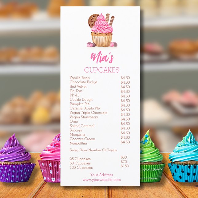 Watercolor Pink Cupcake With Cookie Bakery Pricing Menu (Creator Uploaded)