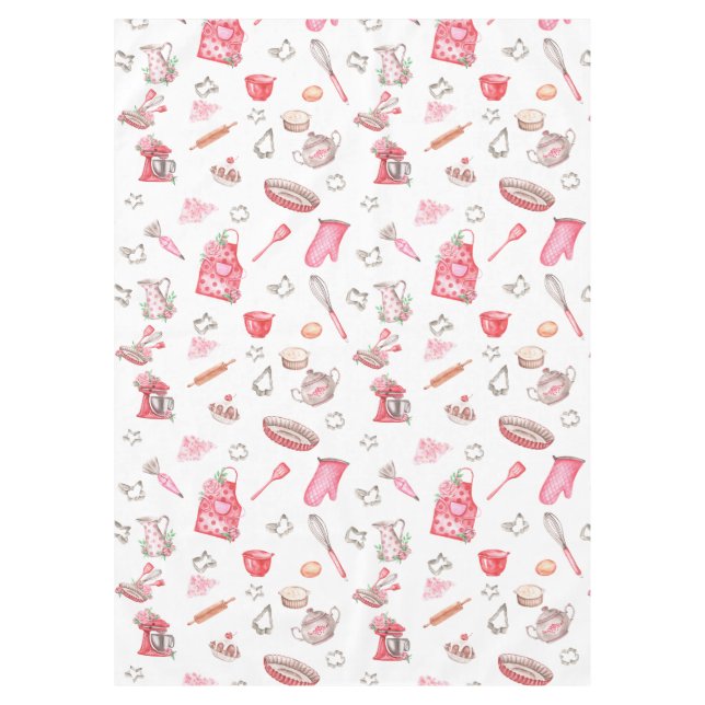 Watercolor Pink Cute Baking Pattern Kitchen Tablecloth (Front)
