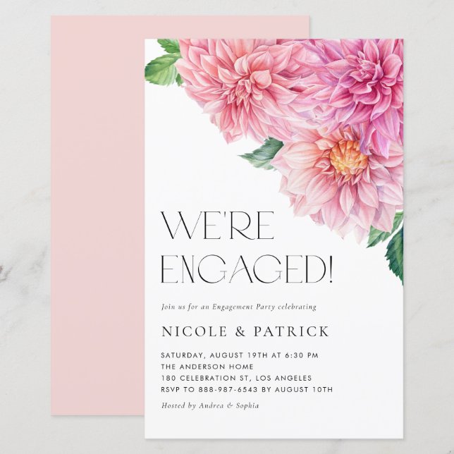 Watercolor Pink Dahlia Engagement Party Invitation (Front/Back)