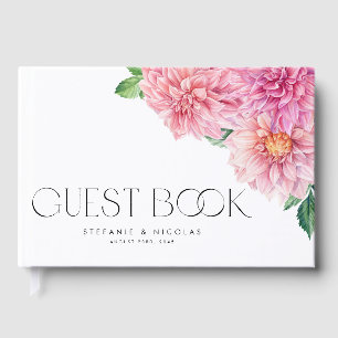 Watercolor Pink Dahlia Flowers Photo Wedding Guest Book