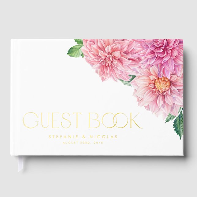 Watercolor Pink Dahlia Flowers Spring Wedding Guest Book (Front)
