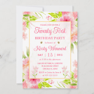 Watercolor Pink Dahlia Peony Flowers 21st Birthday Invitation