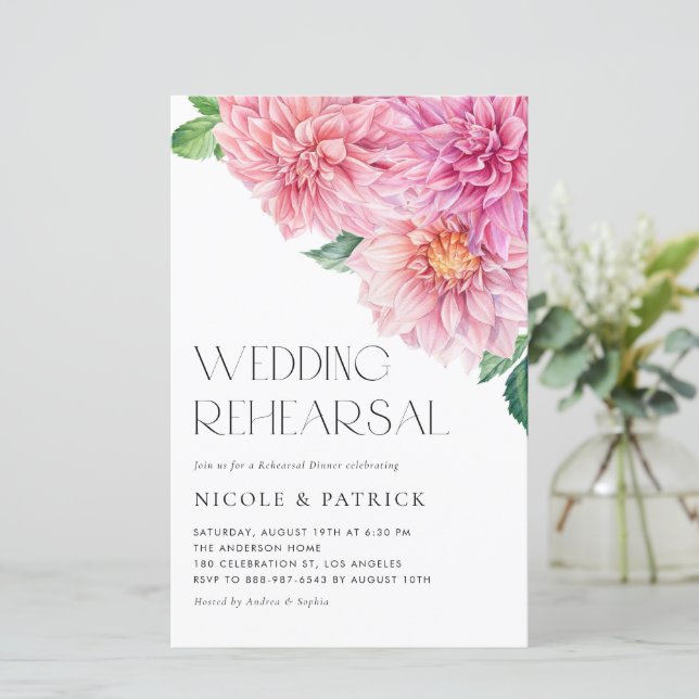 Watercolor Pink Dahlia Rehearsal Dinner Invitation (Standing Front)