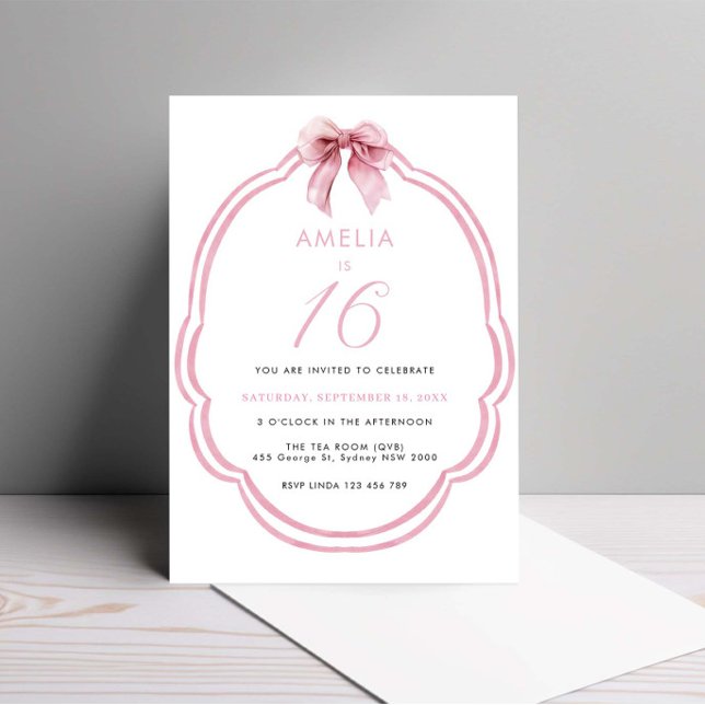 Watercolor Pink Dainty Bow 16th Birthday Invitation (Creator Uploaded)