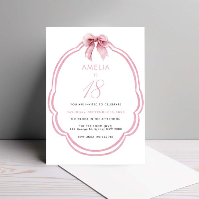 Watercolor Pink Dainty Bow 18th Birthday Invitation (Creator Uploaded)