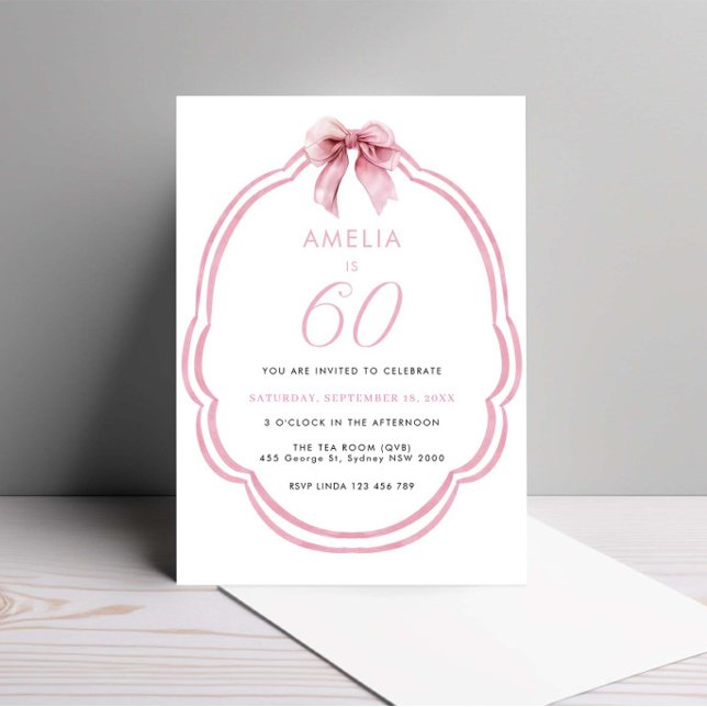 Watercolor Pink Dainty Bow 60th Birthday Invitation (Creator Uploaded)
