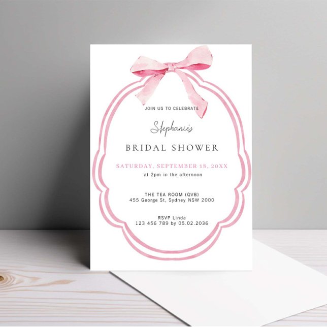 Watercolor Pink Dainty Bow Ribbon Bridal Shower Invitation (Creator Uploaded)