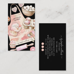 Watercolor Pink Desserts Baker Pastry Chef Black Business Card