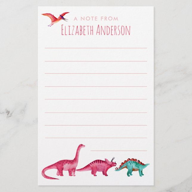 Watercolor Pink Dinosaur  Stationery (Front)