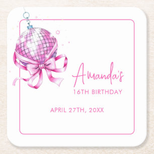 Watercolor Pink Disco Coquette Sweet 16 Birthday Square Paper Coaster