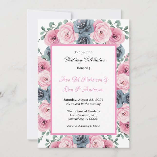 Watercolor Pink & Dusty Blue Blooms Wedding Invitation (Front)