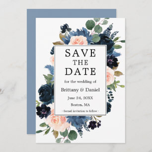 Watercolor Pink Dusty Blue Floral Frame Save The Date
