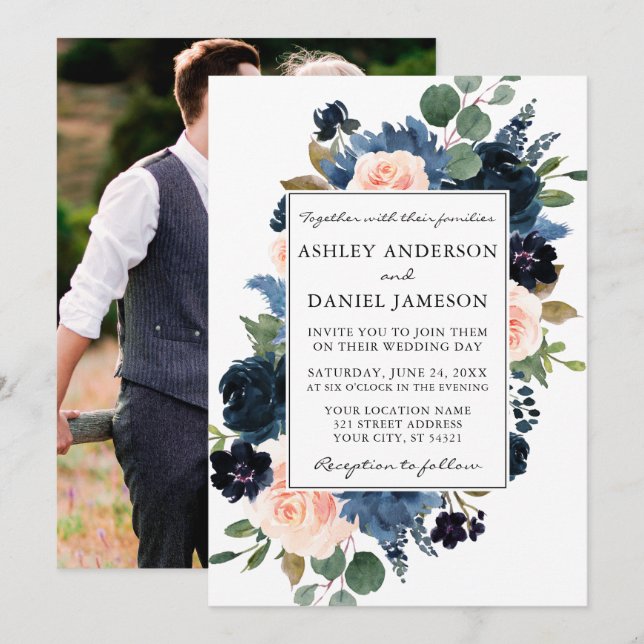 Watercolor Pink Dusty Blue Floral Photo Wedding Invitation (Front/Back)