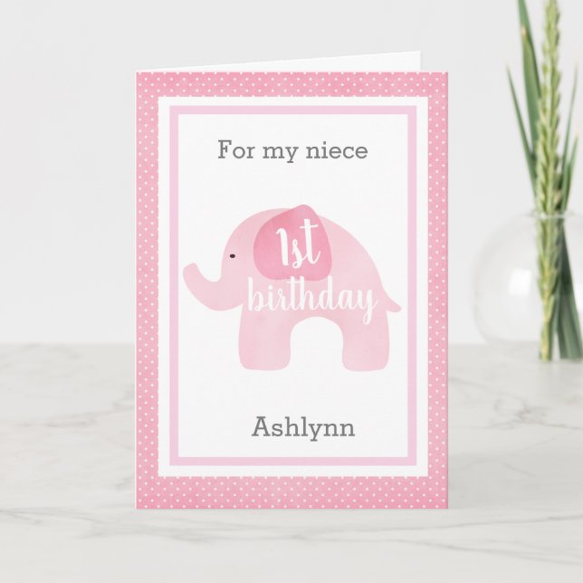 Watercolor Pink Elephant 1st Birthday Niece Card (Front)