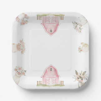 Watercolor Pink Farm Animals Baby Shower Plates